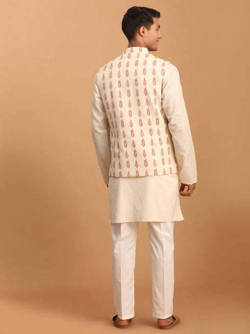 Vastramay Men's Cream Leaf Printed Pure Cotton Nehru Jacket With Short Kurta And Pant Set